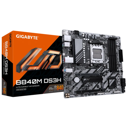 Fotografija izdelka GIGABYTE B840M DS3H, DDR5, SATA3, USB3.2Gen1, DP, 2.5GbE, AM5 mATX