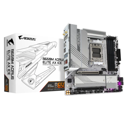 Fotografija izdelka GIGABYTE B650M AORUS ELITE AX ICE, DDR5, SATA3, USB3.2Gen2x2, DP, 2.5GbE, WiFi 6E, AM5 mATX