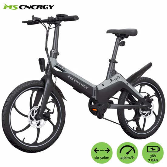 Fotografija izdelka MS ENERGY I10 električno kolo, zložljivo, 20" pnevmatike, 250W motor, 36V 7.8Ah 280Wh baterija, Shimano, do 50 km, disk zavore, LCD zaslon, LED osvetlitev, črno sivo