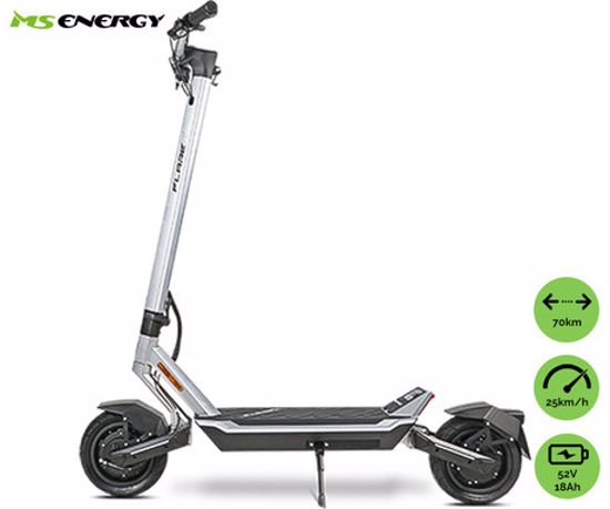 Fotografija izdelka MS ENERGY FLARE X električni skiro, 10" gume, 2x 800W motor, 70km doseg, 52V 18Ah baterija, vzmetenje, sistem EBS, Smart BMS, LCD zaslon, LED osvetlitev, aplikacija, črn (Midnight Chrome)