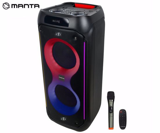 Fotografija izdelka MANTA SPK0805B140 PALLAS prenosni KARAOKE zvočnik, Bluetooth, 140W, TWS, Equalizer, polnilna baterija, RGB LED osvetlitev, USB / microSD / AUX / MIC-in, +mikrofon, +daljinec, črn