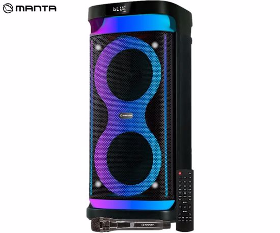 Fotografija izdelka MANTA SPK0601B100 ARGOS prenosni KARAOKE zvočnik, Bluetooth, 100W, TWS, Equalizer, polnilna baterija, RGB LED osvetlitev, USB / microSD / AUX / MIC-in, +mikrofon, +daljinec, črn