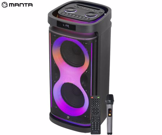 Fotografija izdelka MANTA SPK0804B160 HEKTOR prenosni KARAOKE zvočnik, Bluetooth, 160W, TWS, Equalizer, polnilna baterija, RGB LED osvetlitev, USB / microSD / AUX / MIC-in, +mikrofon, +daljinec, črn
