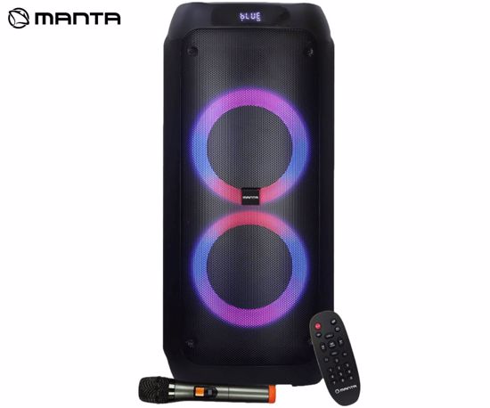 Fotografija izdelka MANTA SPK0802B120 ATTIS prenosni KARAOKE zvočnik, Bluetooth 5.3, FM Radio, 120W, TWS, Equalizer, polnilna baterija, RGB LED osvetlitev, USB / microSD / AUX / MIC-in, +mikrofon, +daljinec, črn
