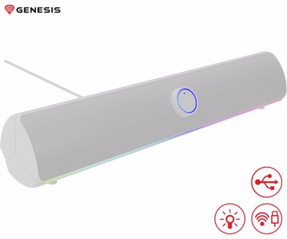 Fotografija izdelka GENESIS HELIUM 312BT računalniški zvočnik / soundbar, STEREO 2.0, 10W RMS, Bluetooth 5.2, RGB LED osvetlitev, gumbi za upravljanje, USB Type-A, bel