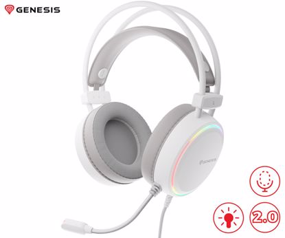Fotografija izdelka GENESIS NEON 613 G2 naglavne slušalke, gaming / pisarniške, 2.0 STEREO zvok, mikrofon, RGB LED osvetlitev, nadzor glasnosti, gumbi za upravljanje, bele (Howlite White)
