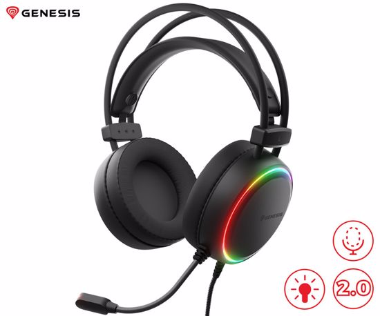 Fotografija izdelka GENESIS NEON 613 G2 naglavne slušalke, gaming / pisarniške, 2.0 STEREO zvok, mikrofon, RGB LED osvetlitev, nadzor glasnosti, gumbi za upravljanje, črne (Onyx Black)