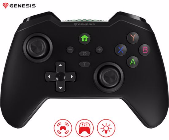 Fotografija izdelka GENESIS MANGAN 400 brezžični igralni plošček / gamepad, 19 gumbov, vibriranje, Bluetooth, LED, Windows / Android / iOS / Nintendo, baterija, + prednja plošča, + torbica, črn (Onyx Black)