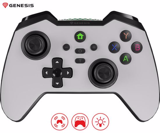 Fotografija izdelka GENESIS MANGAN 400 brezžični igralni plošček / gamepad, 19 gumbov, vibriranje, Bluetooth, LED, Windows / Android / iOS / Nintendo, baterija, + prednja plošča, + torbica, bel (Howlite White)