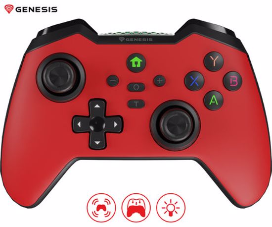 Fotografija izdelka GENESIS MANGAN 400 brezžični igralni plošček / gamepad, 19 gumbov, vibriranje, Bluetooth, LED, Windows / Android / iOS / Nintendo, baterija, + prednja plošča, + torbica, rdeč (Genesis Red)
