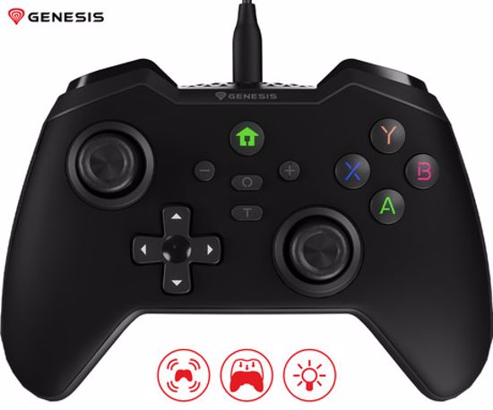 Fotografija izdelka GENESIS MANGAN 300 žični igralni plošček / gamepad, 19 gumbov, vibriranje, LED osvetlitev, Windows / Android / Nintendo / Asus / Steam, USB Type-C, + prednja plošča, + torbica, črn (Onyx Black)