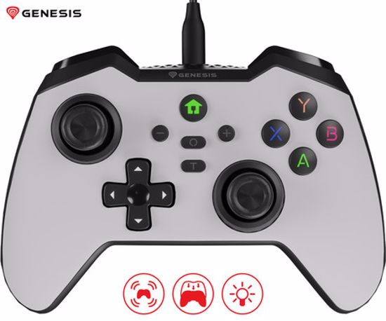 Fotografija izdelka GENESIS MANGAN 300 žični igralni plošček / gamepad, 19 gumbov, vibriranje, LED osvetlitev, Windows / Android / Nintendo / Asus / Steam, USB Type-C, + prednja plošča, + torbica, bel