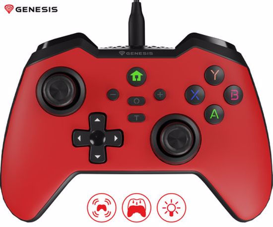 Fotografija izdelka GENESIS MANGAN 300 žični igralni plošček / gamepad, 19 gumbov, vibriranje, LED osvetlitev, Windows / Android / Nintendo / Asus / Steam, USB Type-C, + prednja plošča, + torbica, rdeč