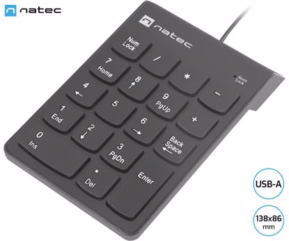 Fotografija izdelka Natec GOBY 2 številčna / numerična tipkovnica, numpad, membranska, 18 tipk, kompaktne dimenzije, Plug&Play, USB Type-A, 150cm kabel, črna