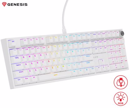 Fotografija izdelka GENESIS THOR 404 gaming mehanska tipkovnica, žična, RGB LED osvetlitev, Hot-Swap tehnologija, Anti-Ghosting, Gateron Yellow Pro stikala, spomin, programska oprema, Plug & Play, F1-F12, bela