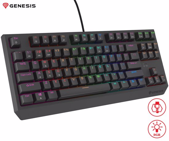 Fotografija izdelka GENESIS THOR 230 TKL Lite gaming mehanska tipkovnica, žična, RGB LED osvetlitev, Hot-Swap tehnologija, Anti-Ghosting, Outemu Red stikala, spomin, programska oprema, Plug & Play, F1-F12, črna