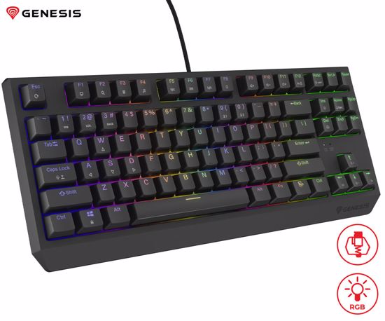 Fotografija izdelka GENESIS THOR 230 TKL gaming mehanska tipkovnica, žična, RGB LED osvetlitev, Hot-Swap tehnologija, Anti-Ghosting, Outemu Red stikala, spomin, programska oprema, Plug & Play, F1-F12, črna