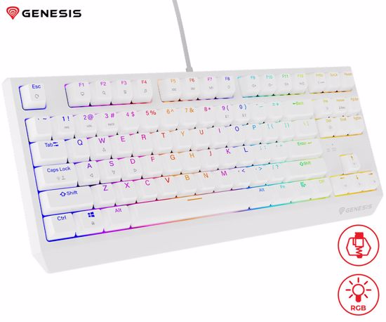 Fotografija izdelka GENESIS THOR 230 TKL gaming mehanska tipkovnica, žična, RGB LED osvetlitev, Hot-Swap tehnologija, Anti-Ghosting, Outemu Red stikala, spomin, programska oprema, Plug & Play, F1-F12, bela