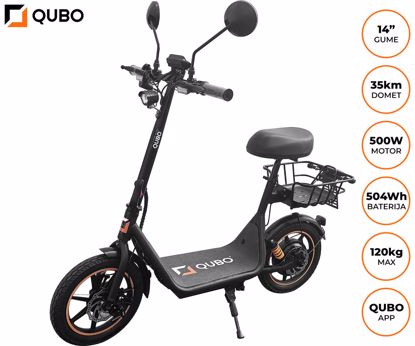 Fotografija izdelka QUBO BEST 14" električni skiro, 14" gume, 500W motor, 35km doseg, 48V 10.5Ah 504Wh baterija, vzmetenje, LCD zaslon, LED osvetlitev, ogledala, košara, nosilec, disk zavore, aplikacija, črno oranžen