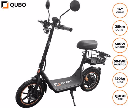 Fotografija izdelka QUBO BEST 14" električni skiro, 14" gume, 500W motor, 35km doseg, 48V 10.5Ah 504Wh baterija, vzmetenje, LCD zaslon, LED osvetlitev, ogledala, košara, nosilec, disk zavore, aplikacija, črno oranžen