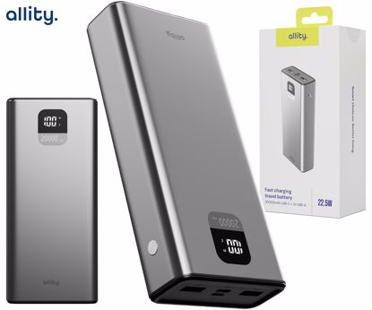 Fotografija izdelka ALLITY APB-100 powerbank polnilna baterija, 20.000mAh, 22.5W, 1x USB-C, 2x USB-A, LCD zaslon, Power Delivery, Quick Charge, Plug&Play, siva
