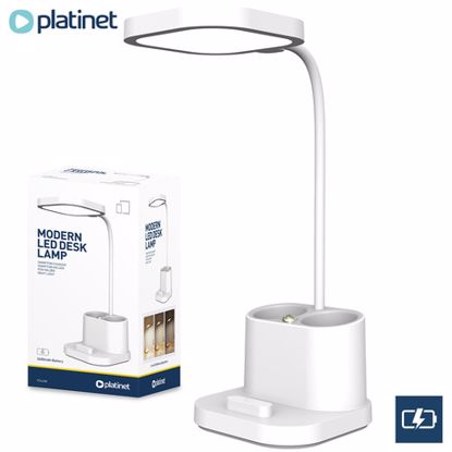 Fotografija izdelka PLATINET PDL008 brezžična namizna LED svetilka, do 250 lumnov, nastavljiva svetlost, upogljiv vrat, vgrajeno stojalo, 2400mAh polnilna baterija, IP20 odpornost, USB, 31.5x14x14cm, bela