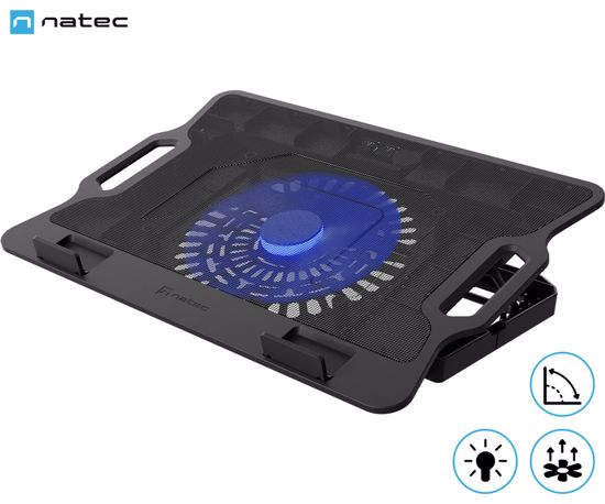 Fotografija izdelka Natec DIPPER 2 hladilno stojalo za prenosnike, do 17.3", 6 stopenj naklona, 180mm ventilator, nastavljiva hitrost, LED osvetlitev, 2x USB Type-A, črno