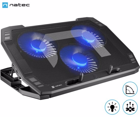 Fotografija izdelka Natec ORIOLE hladilno stojalo za prenosnike, do 17.3", 7 stopenj naklona, 3x 120mm ventilator, nastavljiva hitrost, LED osvetlitev, 2x USB Type-A, črno