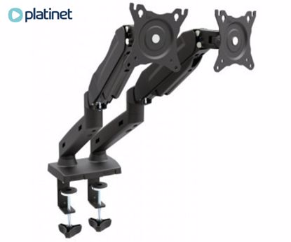 Fotografija izdelka PLATINET OMEGA OUPC24D dvojni nosilec / roka za monitor, 13"-27", naklon +70°/-70°, vrtenje +180°/-180°, do 8kg, VESA standard do 100x100, prostor za napeljavo kablov, jeklo, črn