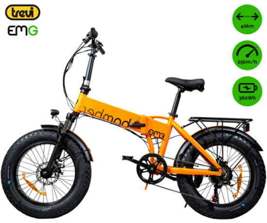 Fotografija izdelka TREVI EMG BOMBER zložljivo električno kolo, 20" pnevmatike, 250W motor, 36V 10Ah 360Wh baterija, Shimano, do 40km, disk zavore, vzmetenje, LCD zaslon, oranžno (Sunset)