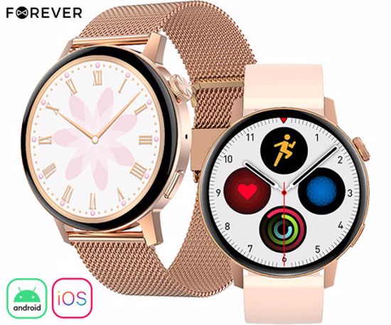 Fotografija izdelka FOREVER ForeVive 4 SB-350 pametna ura, 1.32" zaslon, Bluetooth, Android + iOS, klicanje, baterija, aplikacija, IP67, merjenje aktivnosti, analiza spanca, športni načini, roza zlata (Rose Gold)
