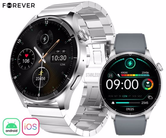 Fotografija izdelka FOREVER GRAND 2 SW-710 pametna ura, 1.45" zaslon, Bluetooth, Android + iOS, klicanje, baterija, aplikacija, IP67, zdravje, analiza spanca, 100+ športnih načinov, 2 paščka, srebrna (Quantum Silver)