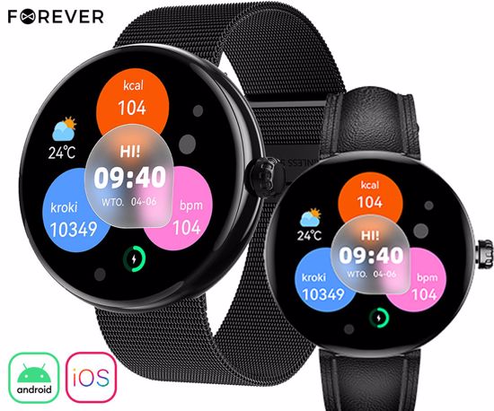 Fotografija izdelka FOREVER ForeVive 5 SB-365 pametna ura, 1.3" AMOLED zaslon, Bluetooth, Android + iOS, klicanje, baterija, aplikacija, IP68, merjenje aktivnosti, analiza spanca, športni načini, črna (Carbon Black)
