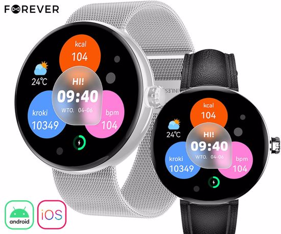 Fotografija izdelka FOREVER ForeVive 5 SB-365 pametna ura, 1.3" AMOLED zaslon, Bluetooth, Android + iOS, klicanje, baterija, aplikacija, IP68, merjenje aktivnosti, analiza spanca, športni načini, srebrna (Quantum Silver)