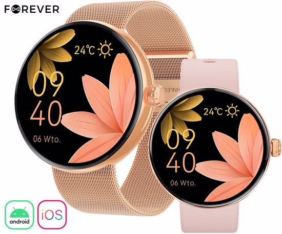 Fotografija izdelka FOREVER ForeVive 5 SB-365 pametna ura, 1.3" AMOLED zaslon, Bluetooth, Android + iOS, klicanje, baterija, aplikacija, IP68, merjenje aktivnosti, analiza spanca, športni načini, roza zlata (Rose Gold)
