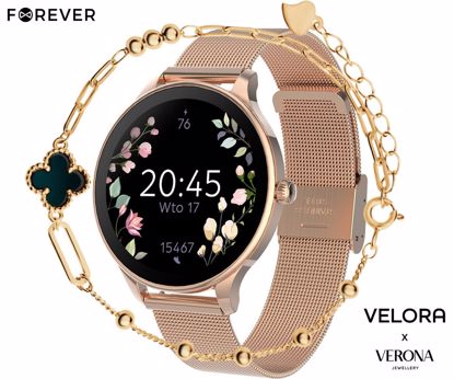 Fotografija izdelka FOREVER Velora SB-306 pametna ura + zapestnica Verona, 1.19" AMOLED, BT 5.2, Android + iOS, baterija, aplikacija, spremljanje zdravja / spanca, športni načini, 2 paščka, IP68, roza zlata (Rose Gold)