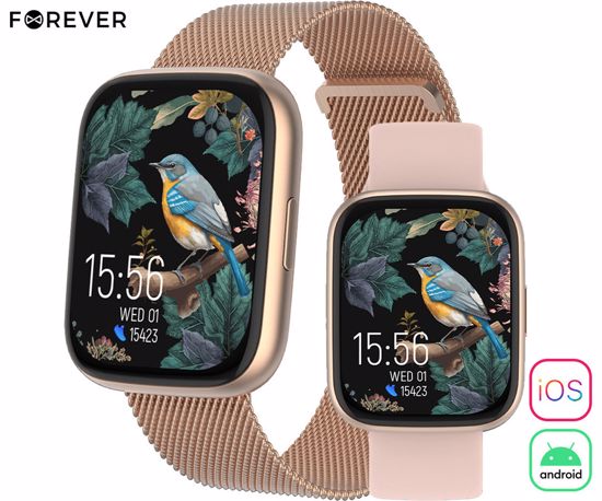 Fotografija izdelka FOREVER ForeVigo 4 SW-330 pametna ura, 1.95" AMOLED, BT 5.4, Android + iOS, klicanje, baterija, aplikacija, spremljanje zdravja, analiza spanca, 100+ športov, 2 paščka, IP68, roza zlata (Rose Gold)