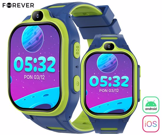 Fotografija izdelka FOREVER Boost KW-530 otroška pametna ura, 4G LTE, Android OS, 2" IPS zaslon, AI funkcije, GPS+WIFI+LBS lociranje, video klici, SOS gumb, aplikacija, IP67, pedometer, igre, modra (Electric Blue)