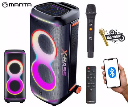 Fotografija izdelka MANTA SPK806B300 ORION prenosni KARAOKE zvočnik, 300W RMS, BT 5.3, TWS, XBASS, Equalizer, polnilna baterija, DISCO RGB LED osvetlitev, USB / microSD / AUX / MIC-in, +mikrofon, +daljinec, črn