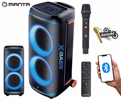 Fotografija izdelka MANTA SPK1002B400 NOVA prenosni KARAOKE zvočnik, 400W RMS, BT 5.3, TWS, XBASS, Equalizer, polnilna baterija, DISCO RGB LED osvetlitev, USB / microSD / AUX / MIC-in, +mikrofon, +daljinec, črn