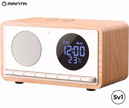 Fotografija izdelka MANTA RDI912 RIMINI radijski sprejemnik / ura / budilka / brezžični polnilec, 5v1, FM Radio, Bluetooth 5.1, polnilna baterija, microSD / AUX / USB Type-C, bel (Arctic White)