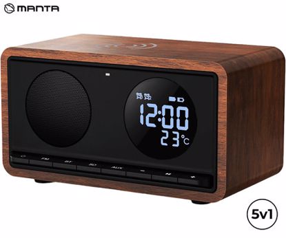 Fotografija izdelka MANTA RDI912 RIMINI radijski sprejemnik / ura / budilka / brezžični polnilec, 5v1, FM Radio, Bluetooth 5.1, polnilna baterija, microSD / AUX / USB Type-C, črn (Velvet Black)