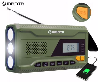 Fotografija izdelka MANTA RDI401G DYNAMO radijski sprejemnik, 3v1, FM Radio, RETRO izgled, 4500mAh polnilna baterija, solarno / dinamo polnjenje, LED svetilka, SOS alarm, USB Type-C, zelen (Ranger Green)