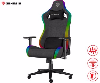 Fotografija izdelka GENESIS TRIT 660 RGB gaming / pisarniški stol, ergonomski, nastavljiva višina / naklon, zibanje, 2x blazina, 2D nasloni za roke, RGB LED osvetlitev, kolesa CareGLide™, tkanina, do 150kg, siv