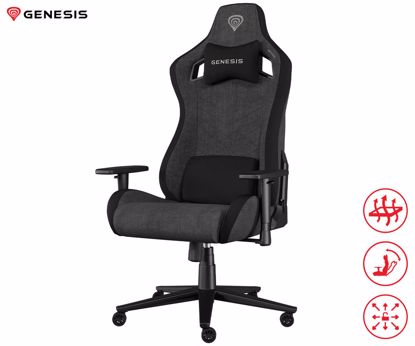 Fotografija izdelka GENESIS NITRO 660 gaming / pisarniški stol, ergonomski, nastavljiva višina / naklon, zibanje, 2x blazina, 2D nasloni za roke, kolesa CareGLide™, tkanina, do 150kg, črno siv