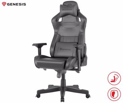 Fotografija izdelka GENESIS NITRO 950 gaming / pisarniški stol, ergonomski, nastavljiva višina / naklon, zibanje, 2x blazina, 4D nasloni za roke, najlonska kolesa, eko usnje, do 150kg, črn