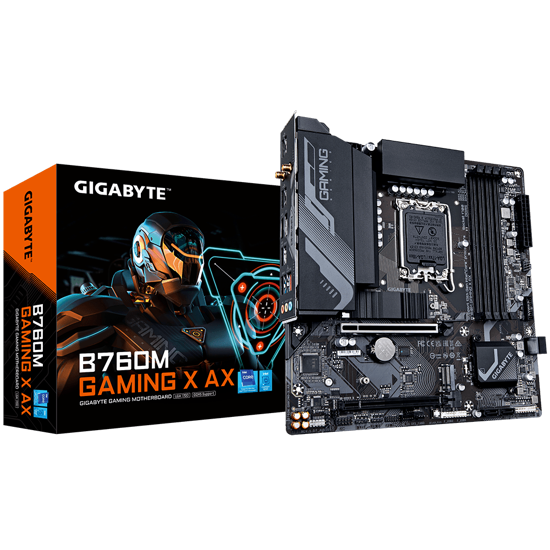 Fotografija izdelka GIGABYTE B760M GAMING X AX, DDR5, SATA3, USB3.2Gen2, DP, 2.5GbE, WiFi 6E, LGA1700 mATX