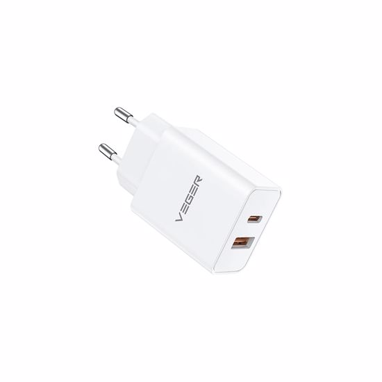 Fotografija izdelka VEGER VLS302U 2-portni polnilec, USB-A/USB-C, QC3.0/PD3.0, bel