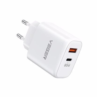 Fotografija izdelka VEGER 65W1A1C 2-portni polnilec, USB-A/USB-C, QC3.0/PD3.0, bel