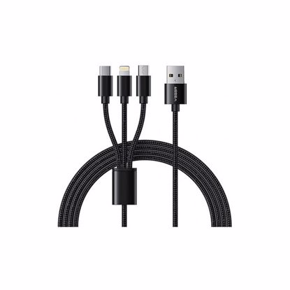 Fotografija izdelka VEGER V303 pleteni kabel 3v1 USB-A na USB-C/Lightning/MicroUSB, 1,5m, črn